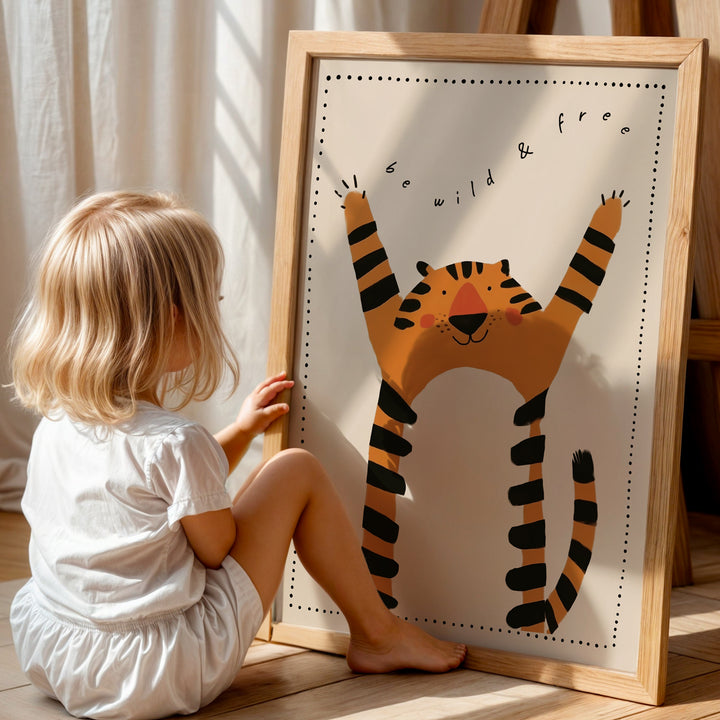 a little girl sitting on the floor next to a picture of a tiger
