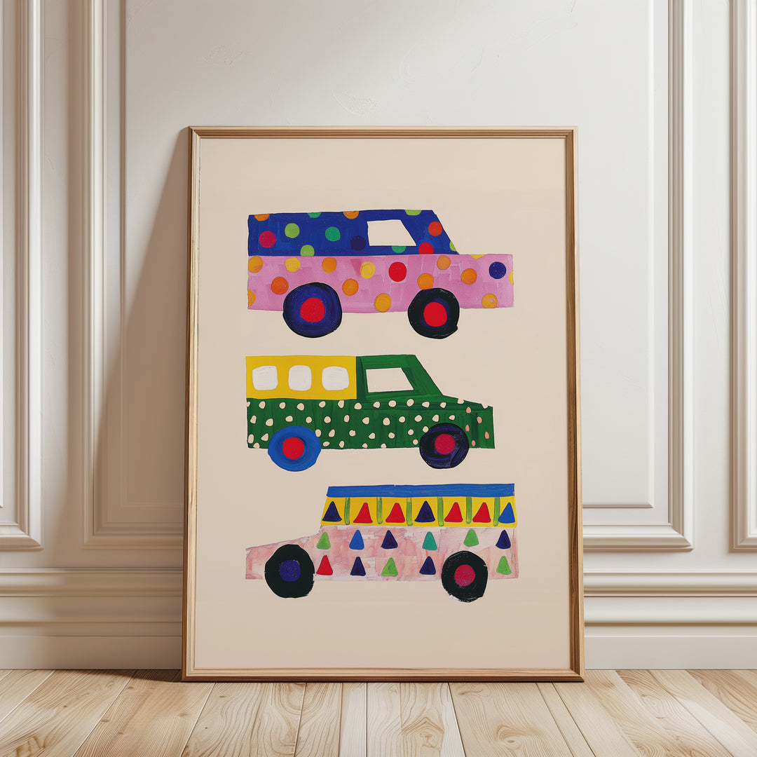 a picture of a colorful bus on a white wall