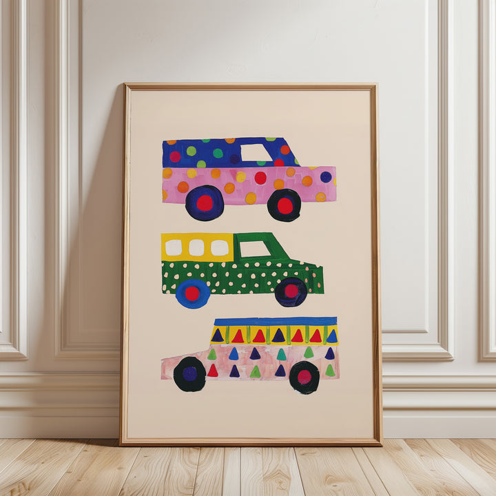 a picture of a colorful bus on a white wall
