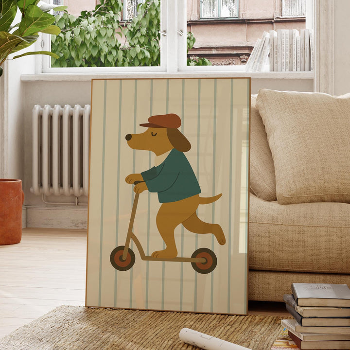 a picture of a dog riding a scooter