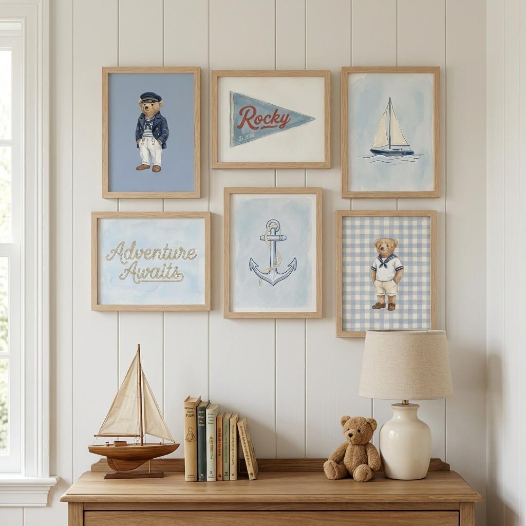 Personalized Nautical Nursery Wall Art Set | 6 Custom Name Coastal Prints