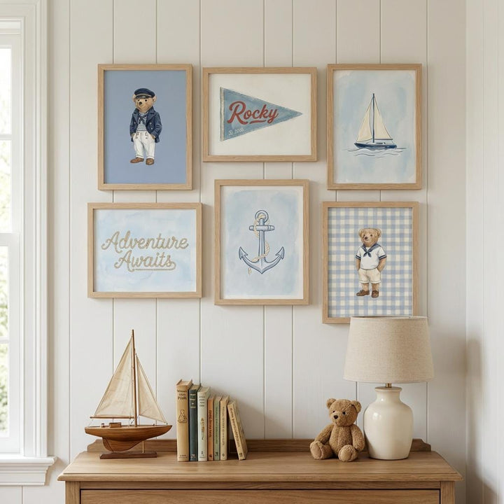 Personalized Nautical Nursery Wall Art Set | 6 Custom Name Coastal Prints