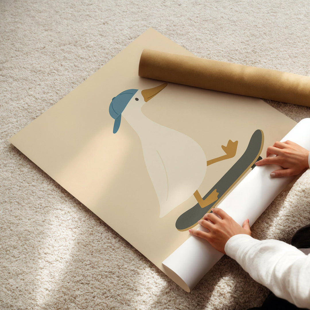 a woman rolling up a paper with a picture of a penguin on it