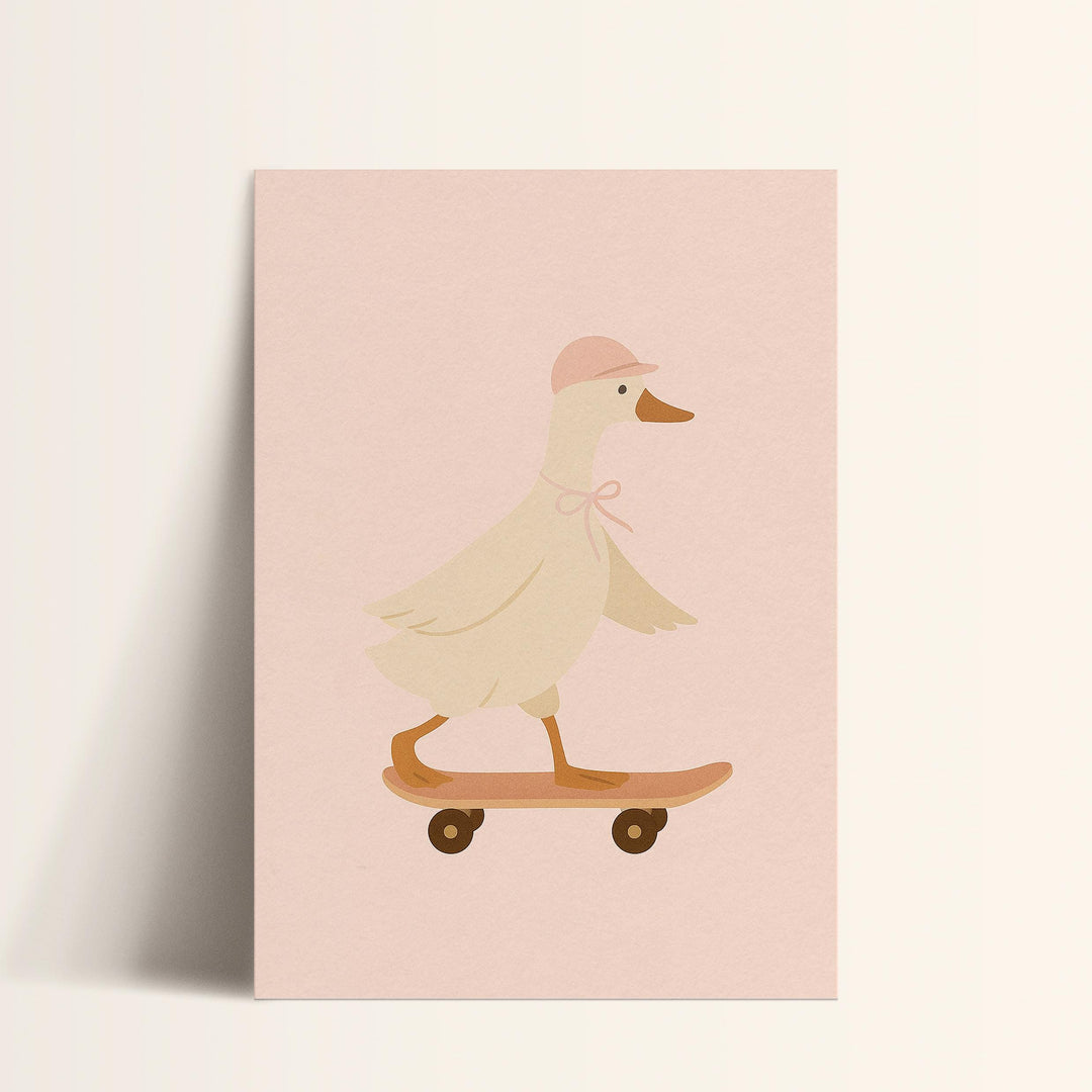 a card with a duck riding a skateboard