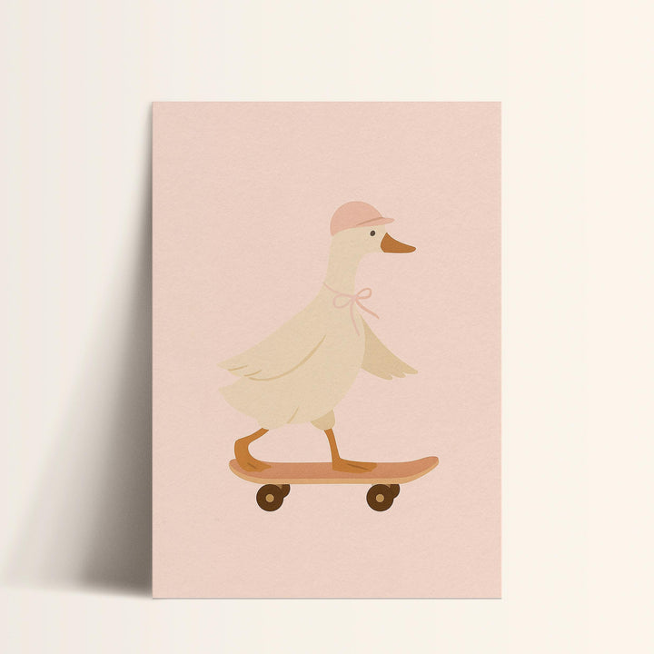 a card with a duck riding a skateboard