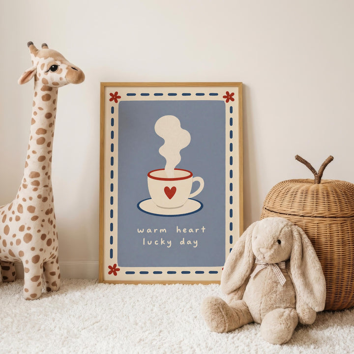 a framed poster with a coffee cup illustration, accompanied by a stuffed giraffe and a stuffed rabbit on a white carpet.