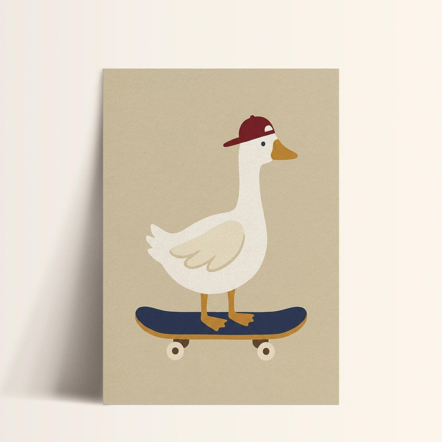 A cartoon illustration of a white duck wearing a red baseball cap and standing on a blue skateboard.