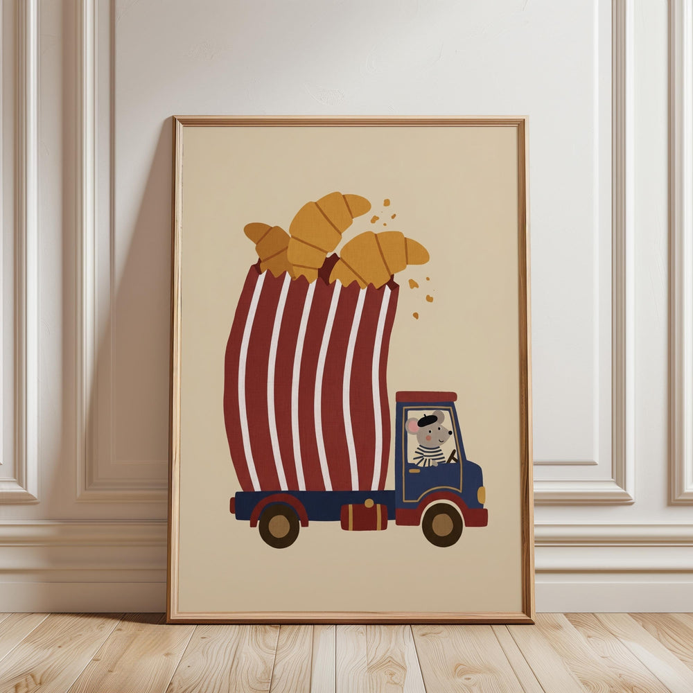 A framed illustration depicting a cartoon truck carrying a large number of golden-brown croissants.