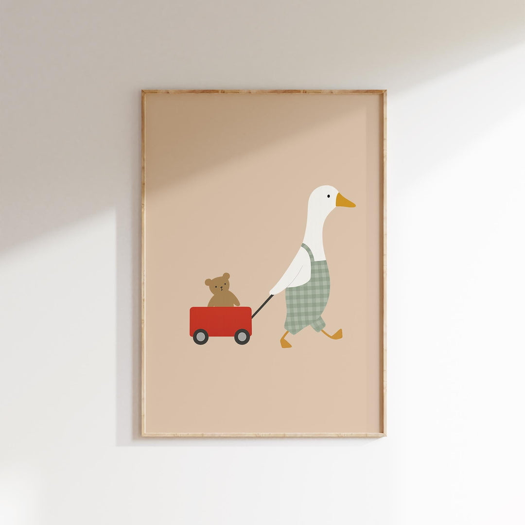 a picture of a duck pulling a wagon with a teddy bear