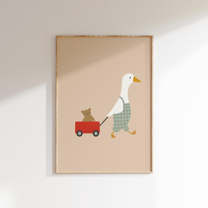 a picture of a duck pulling a wagon with a teddy bear