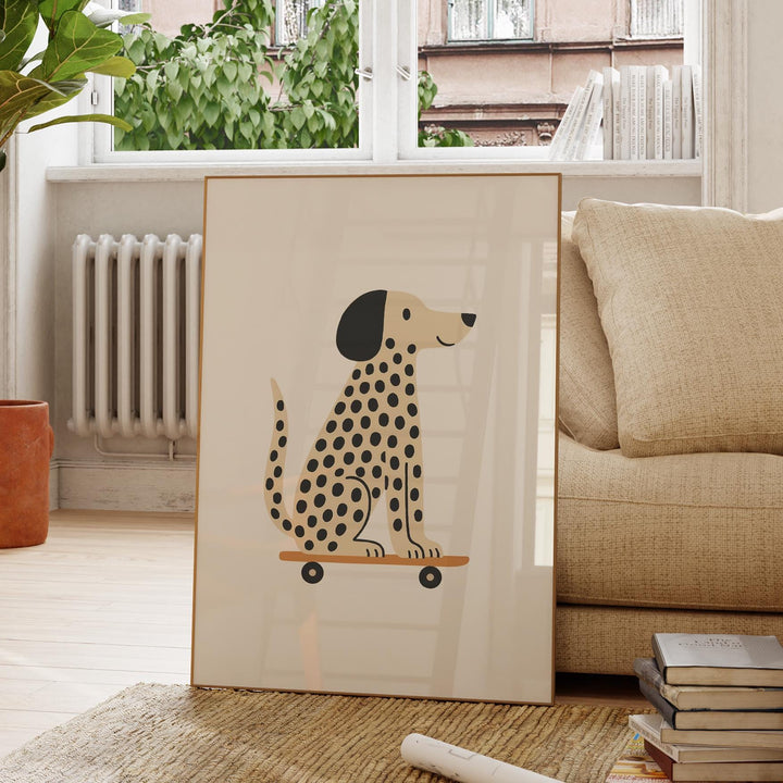 a picture of a dog sitting on a skateboard