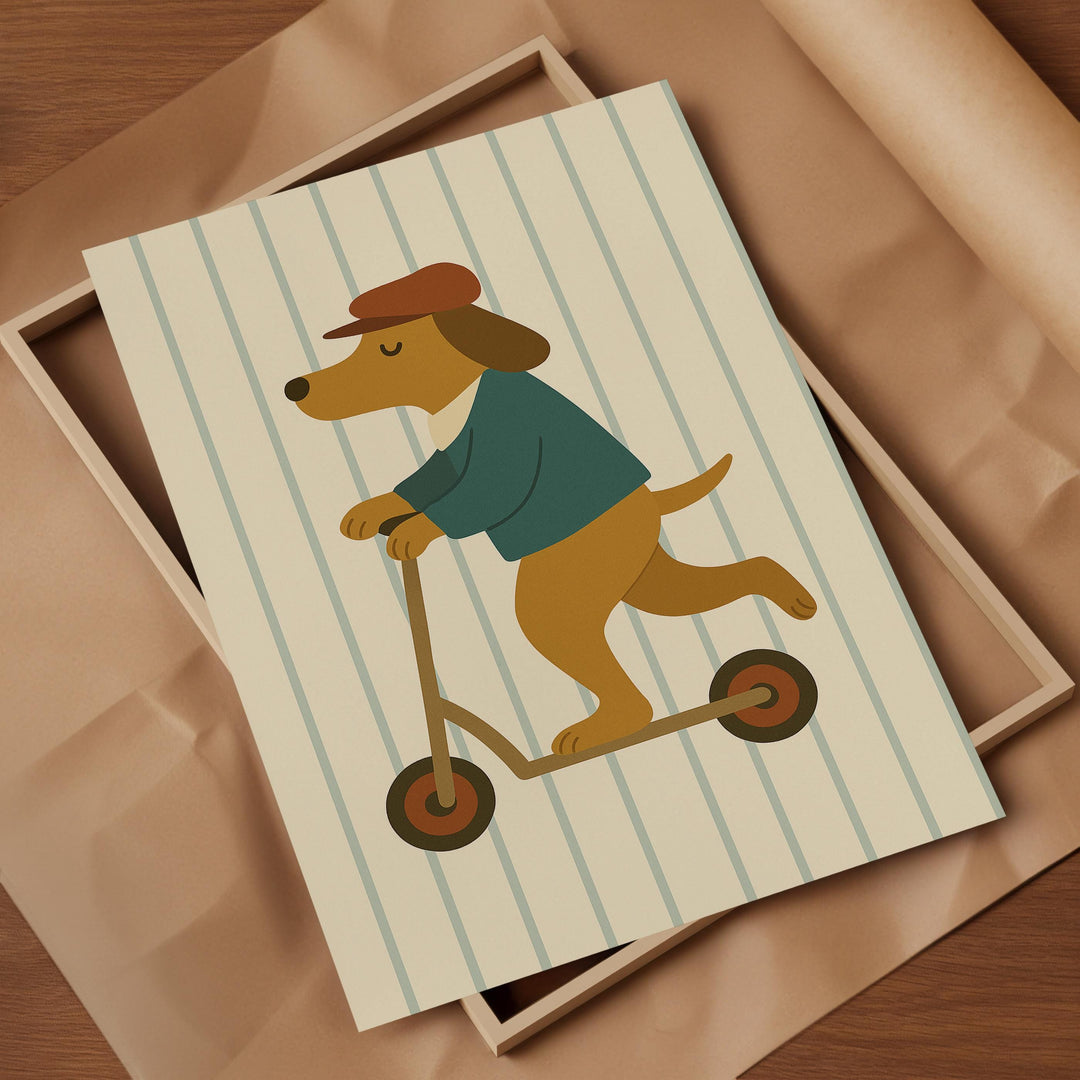 a card with a dog riding a scooter