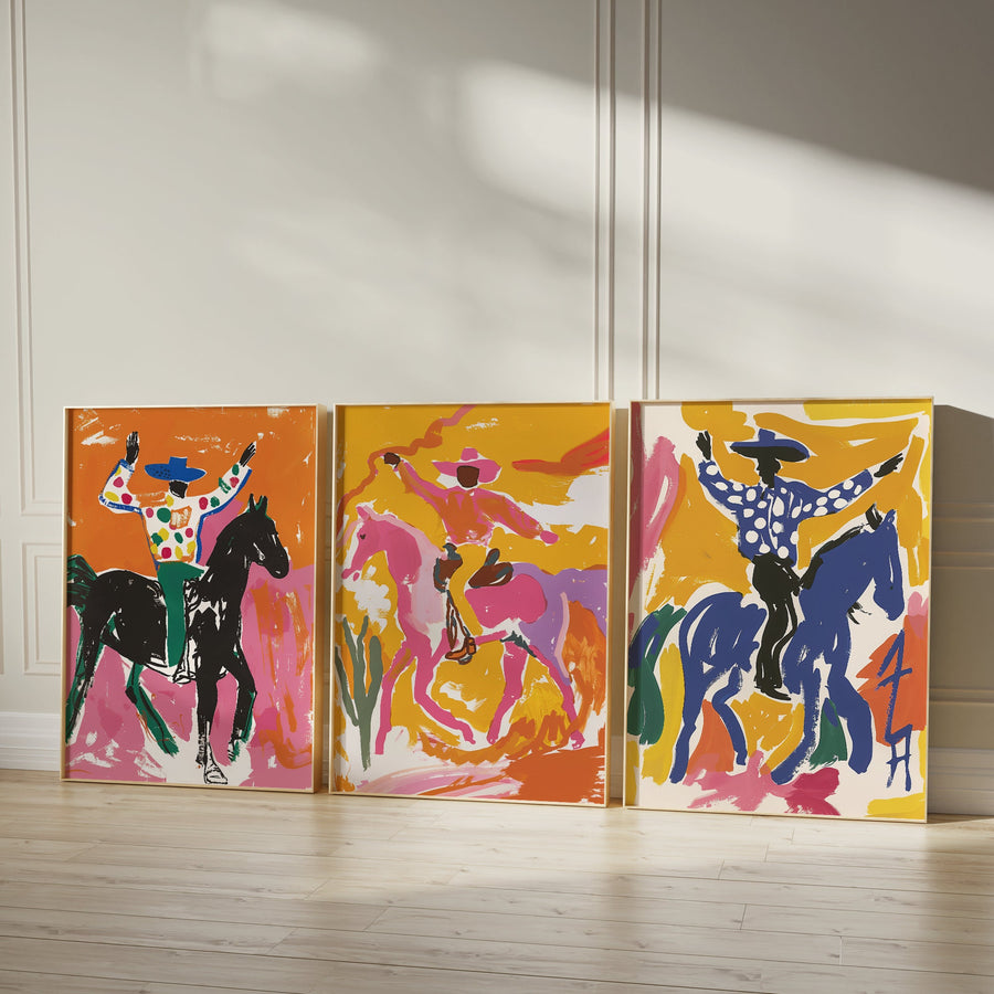 three colorful paintings of horses and a cowboy