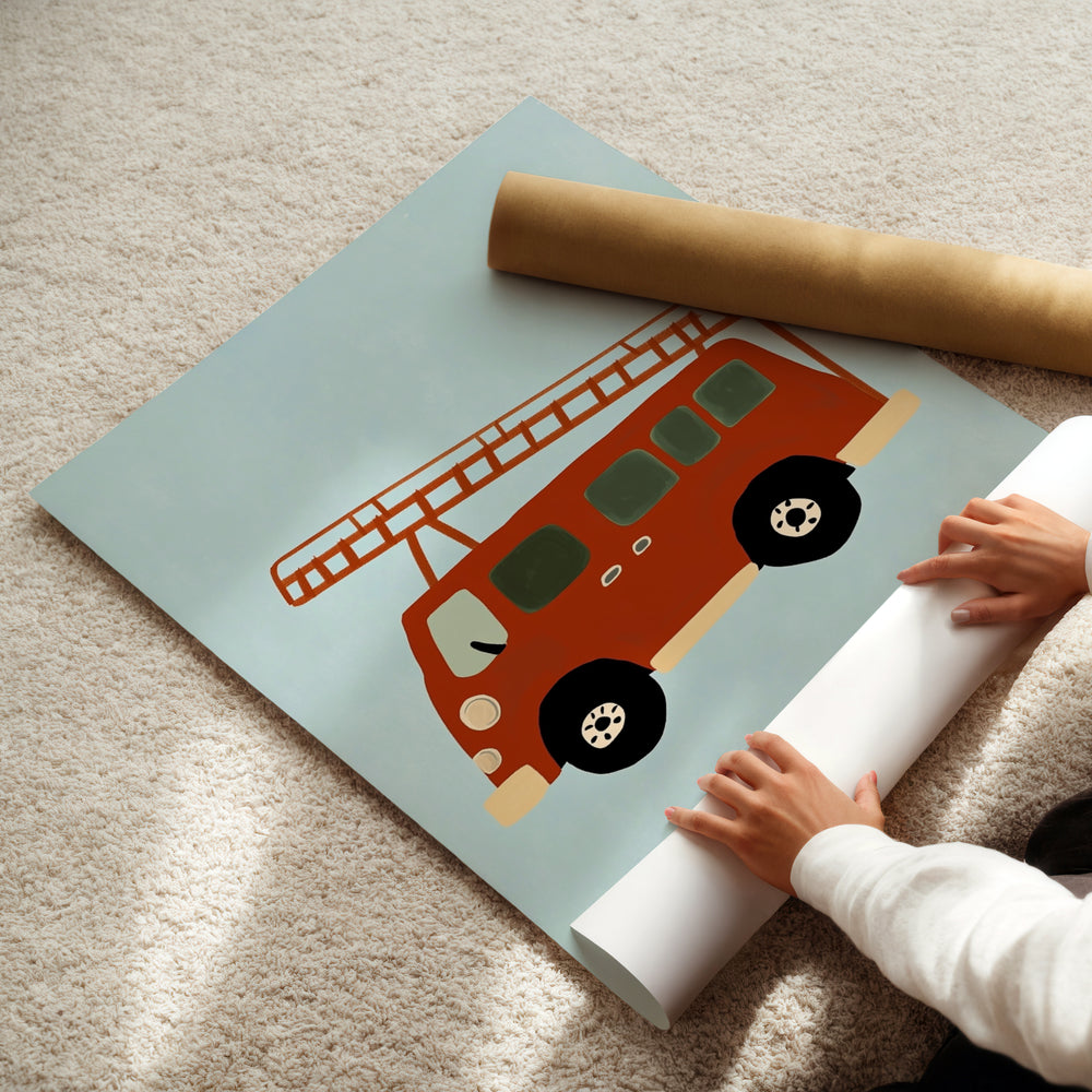 a child is playing with a fire truck poster