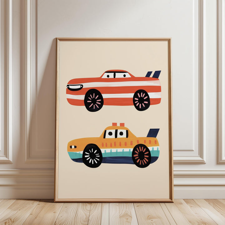 a picture of two cars on a wall