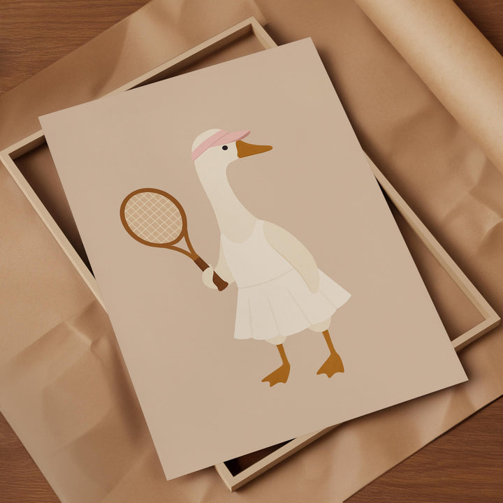a picture of a duck holding a tennis racket