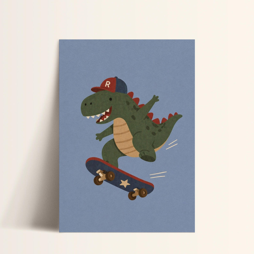 A cartoon dinosaur wearing a red baseball cap and riding a skateboard.