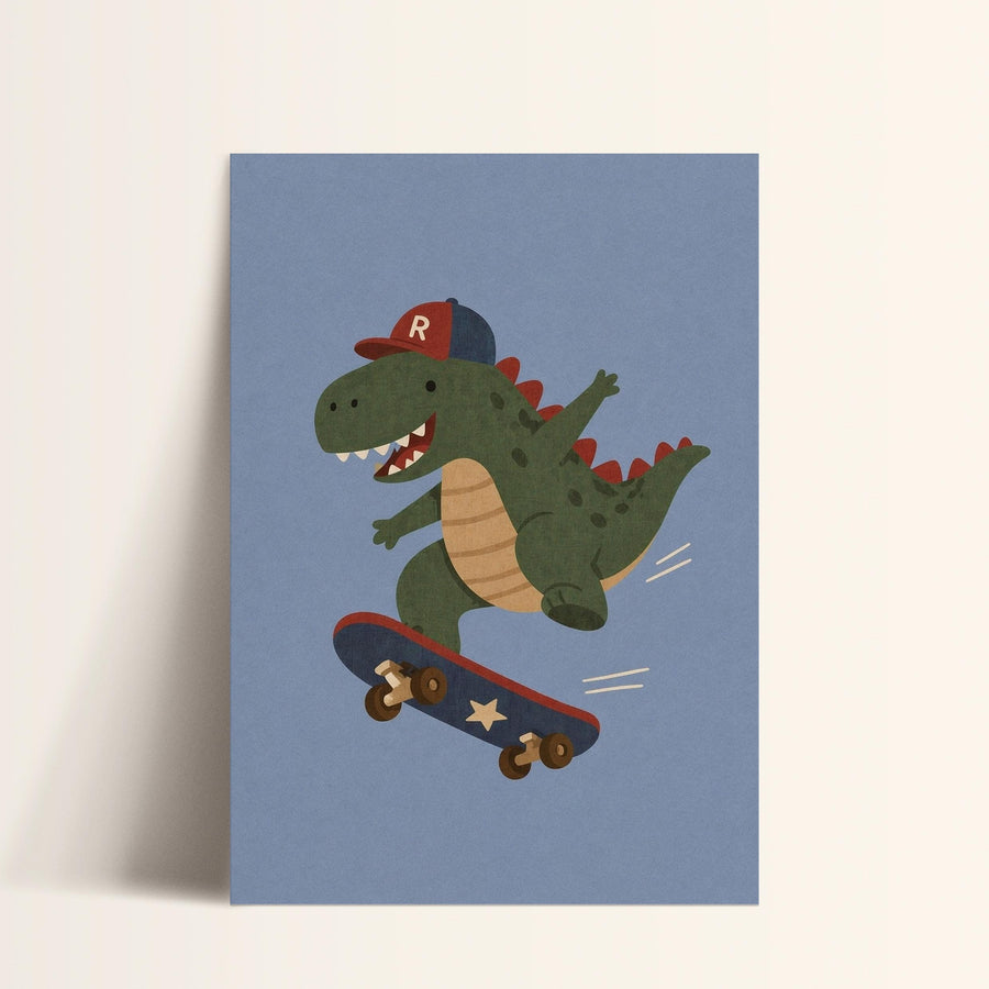 A cartoon dinosaur wearing a red baseball cap and riding a skateboard.