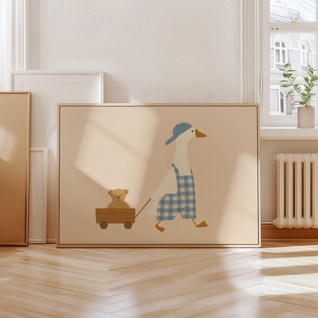 a picture of a duck pulling a teddy bear on a cart