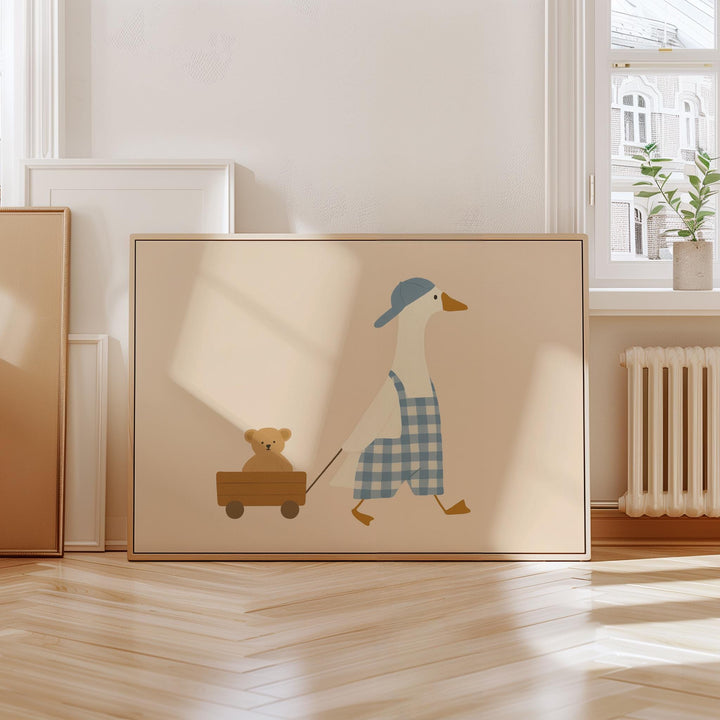 a picture of a duck pulling a teddy bear on a cart