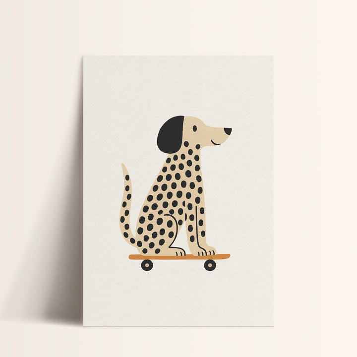 a card with a dog on a skateboard