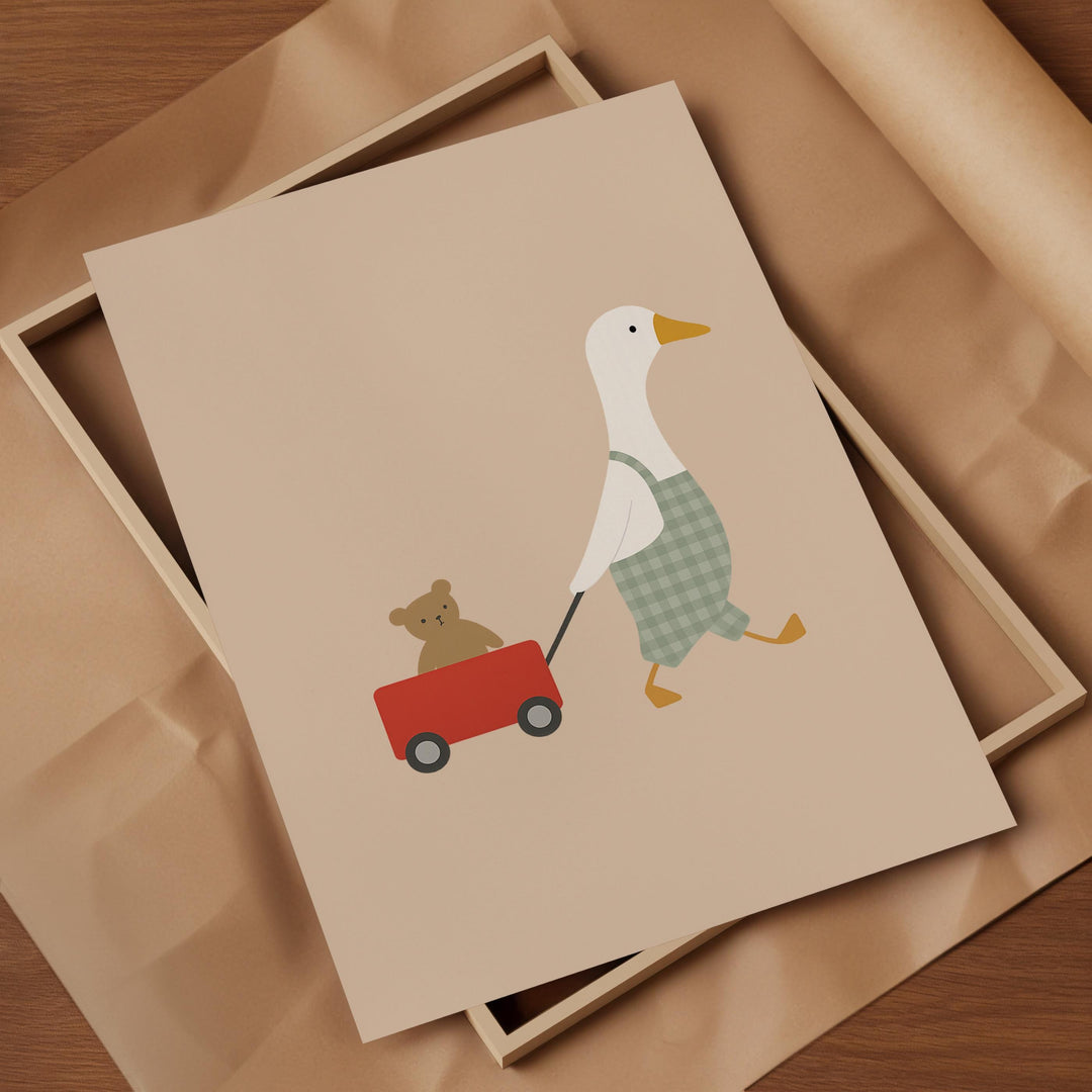 a duck pulling a wagon with a teddy bear on it
