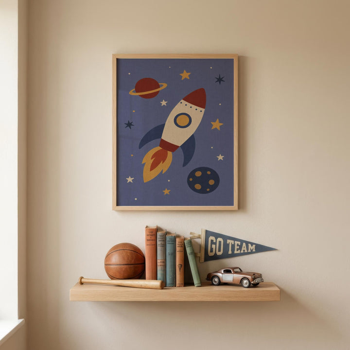 a shelf with various items, including a framed picture of a rocket ship, a basketball, a baseball, and a toy truck, along with a "GO TEAM" banner.