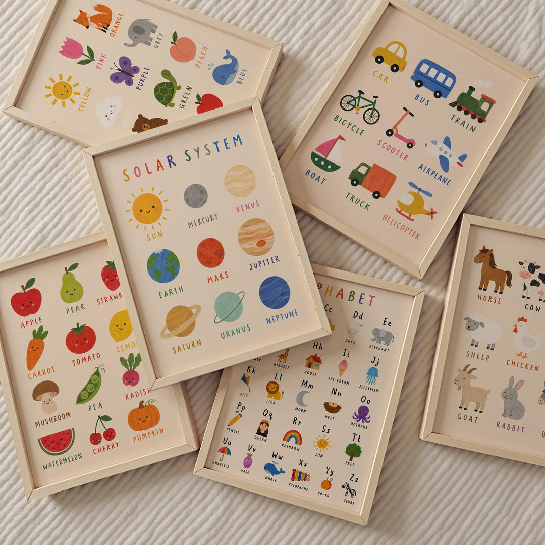 Educational Nursery Print Set of 12 | Preschool Learning Posters (Alphabet, Numbers, Colors, Shapes)