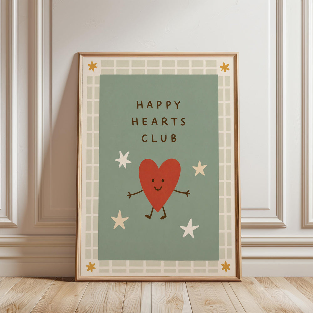 A framed poster with a green background and a red heart character, surrounded by white stars, with the text "HAPPY HEARTS CLUB" written on it.