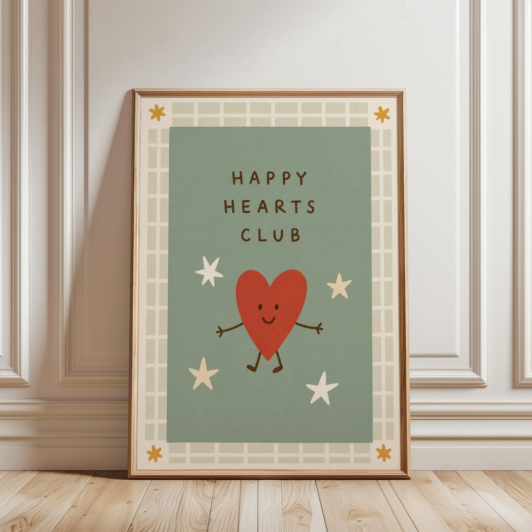 A framed poster with a green background and a red heart character, surrounded by white stars, with the text "HAPPY HEARTS CLUB" written on it.
