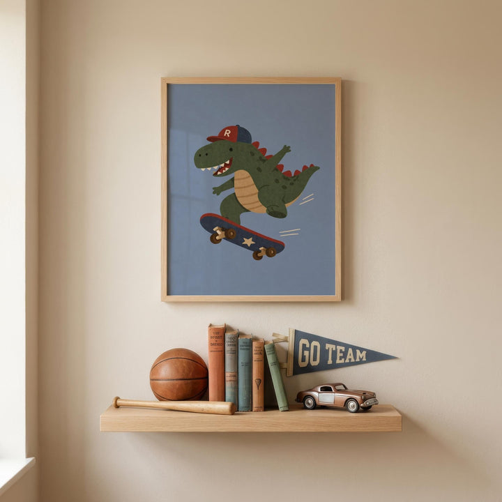a framed illustration of a dinosaur riding a skateboard, accompanied by a "GO TEAM" banner and various sports equipment such as a baseball, a basketball, and a baseball bat.