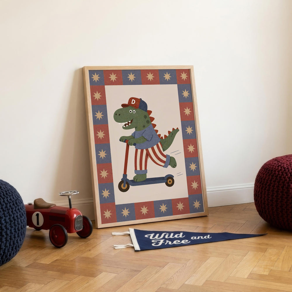 a framed cartoon of a dinosaur riding a scooter, with a banner that reads "Wild Free and" placed on the floor next to the toy car.