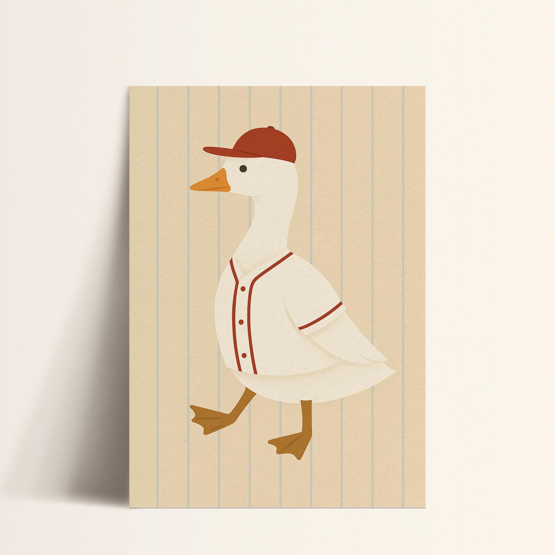 a card with a duck wearing a baseball uniform