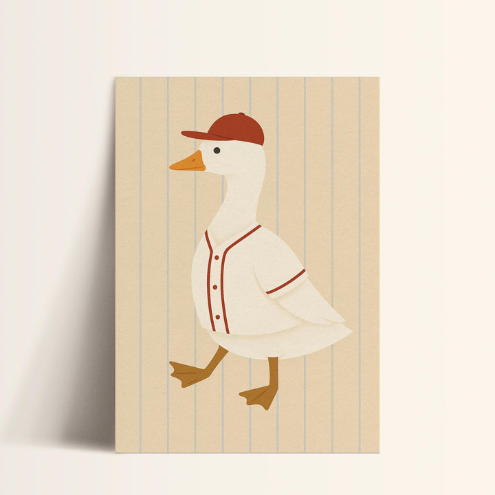 a card with a duck wearing a baseball uniform