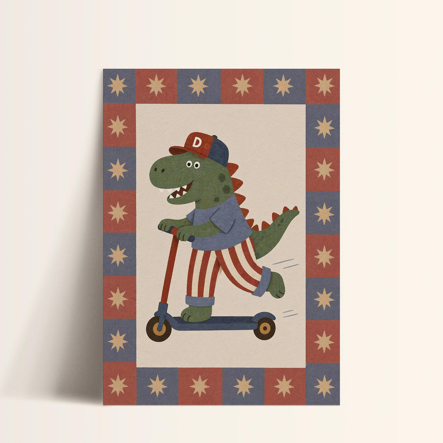 A dinosaur riding a scooter, wearing a baseball cap and striped pants, is depicted in the image.