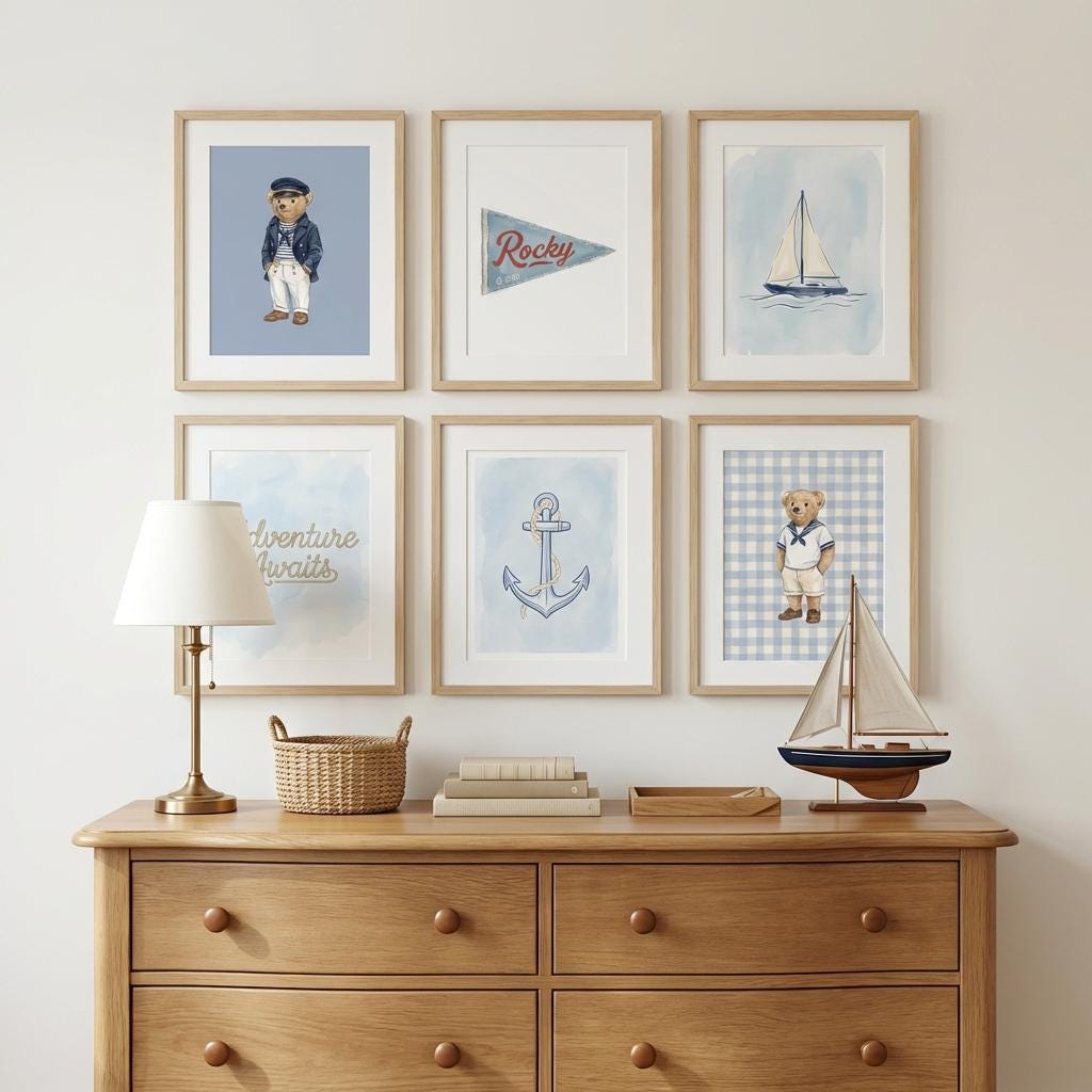 Personalized Nautical Nursery Wall Art Set | 6 Custom Name Coastal Prints