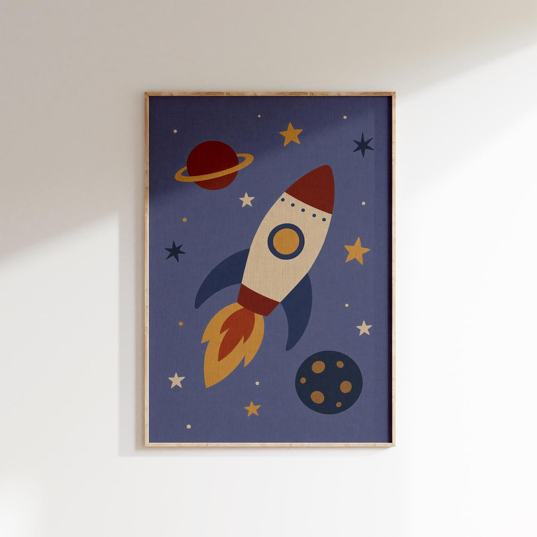 The image is a framed artwork depicting a rocket ship soaring through a starry night sky, with a planet visible in the background.