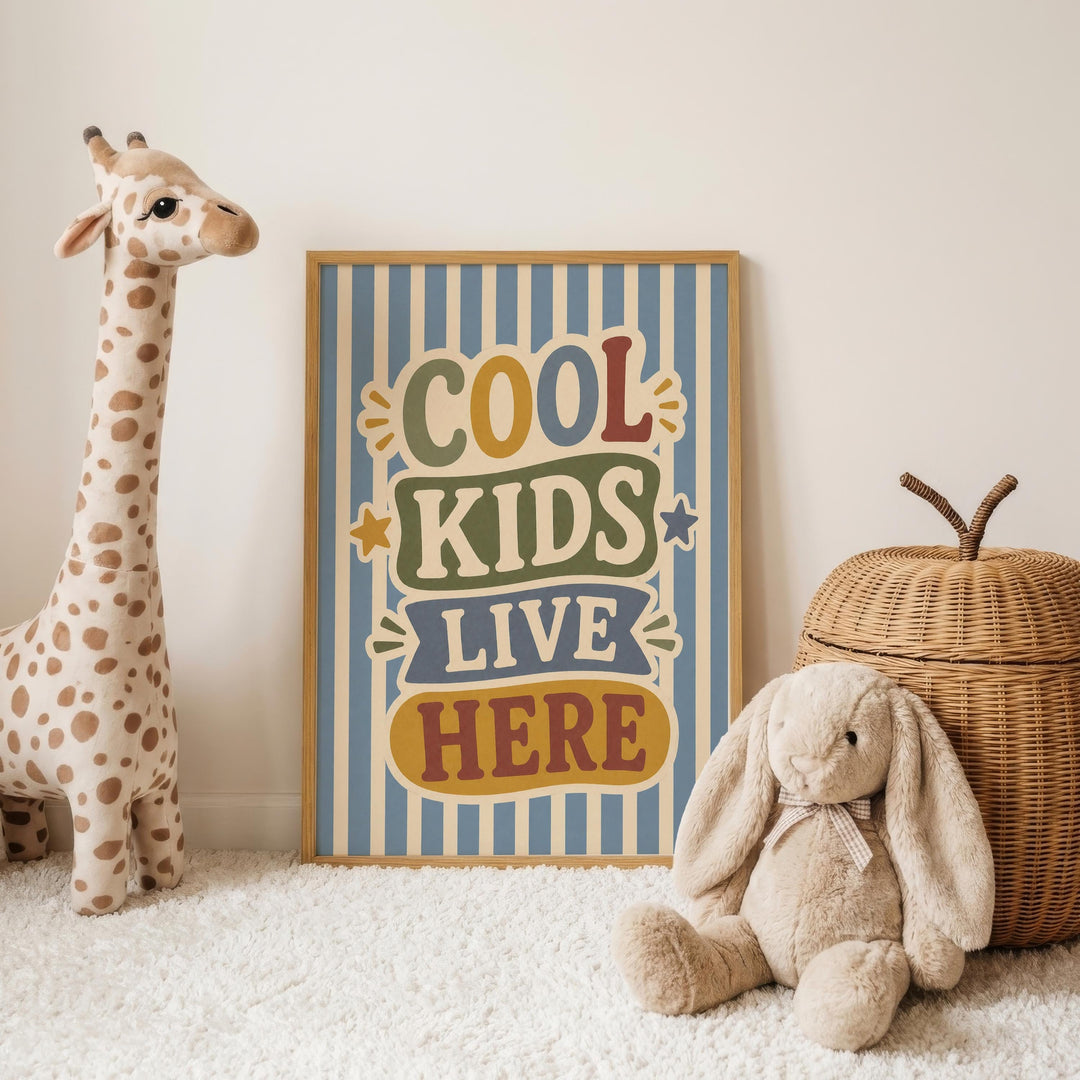 a giraffe and a stuffed rabbit, with a framed sign that reads "Cool Kids Live Here" in the background.