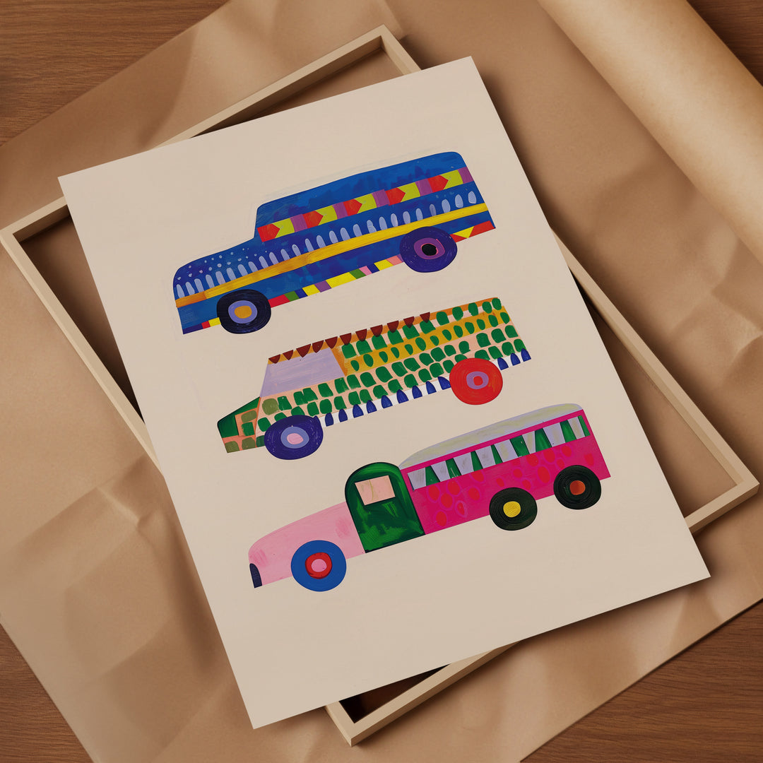 a card with a picture of a bus on it