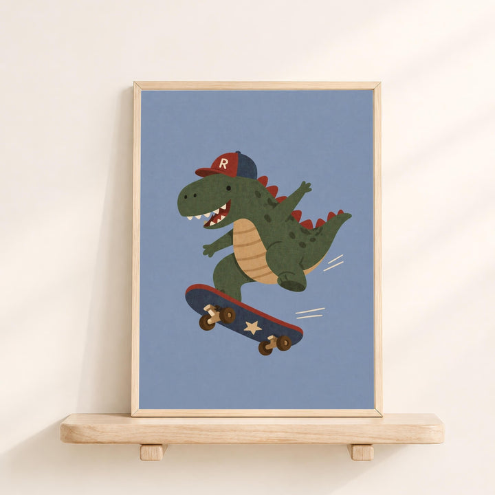 A framed illustration of a cartoon dinosaur riding a skateboard.