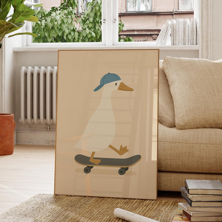 a picture of a duck on a skateboard