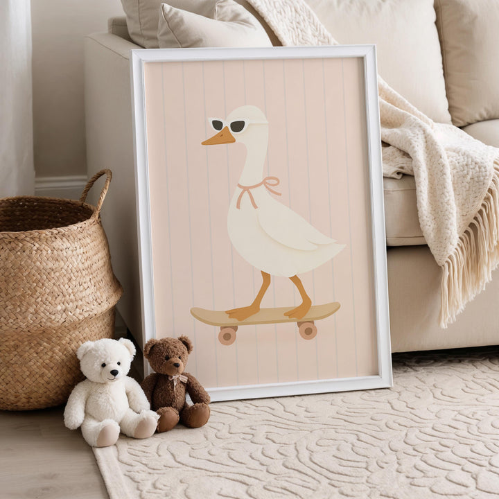 a picture of a duck on a skateboard next to a teddy bear