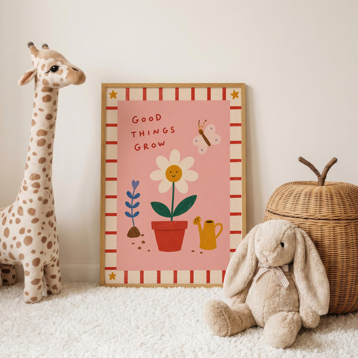 a giraffe, a flower, a butterfly, and a rabbit, all set against a pink background with the phrase "Good things grow" written on it.