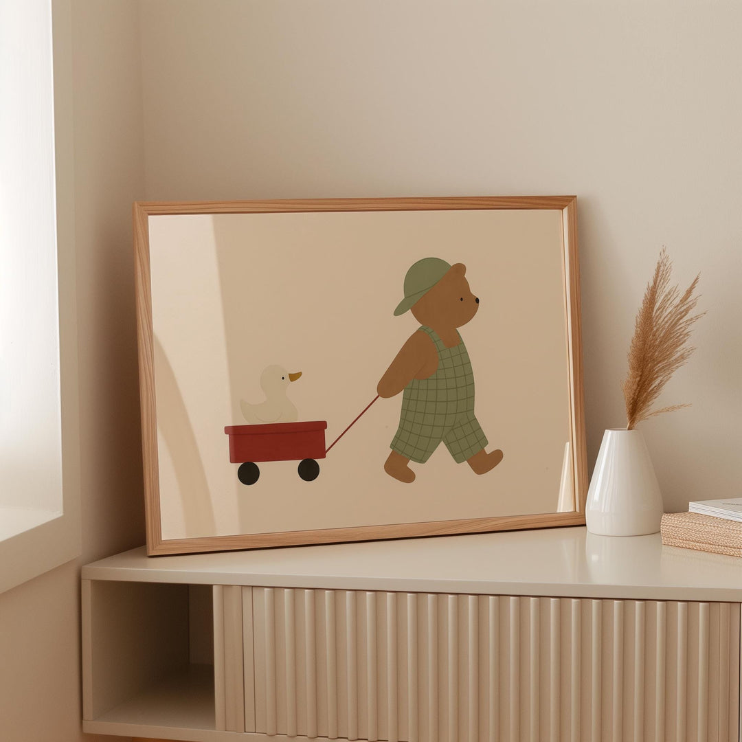 a picture of a teddy bear pulling a wagon