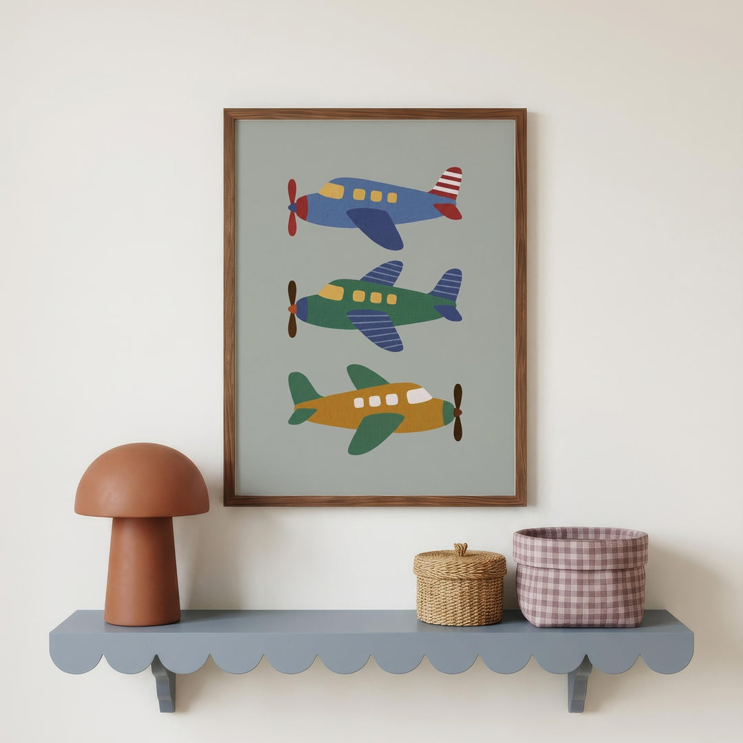 a shelf with a brown mushroom-shaped lamp, a woven basket, and a framed picture of three colorful airplanes.