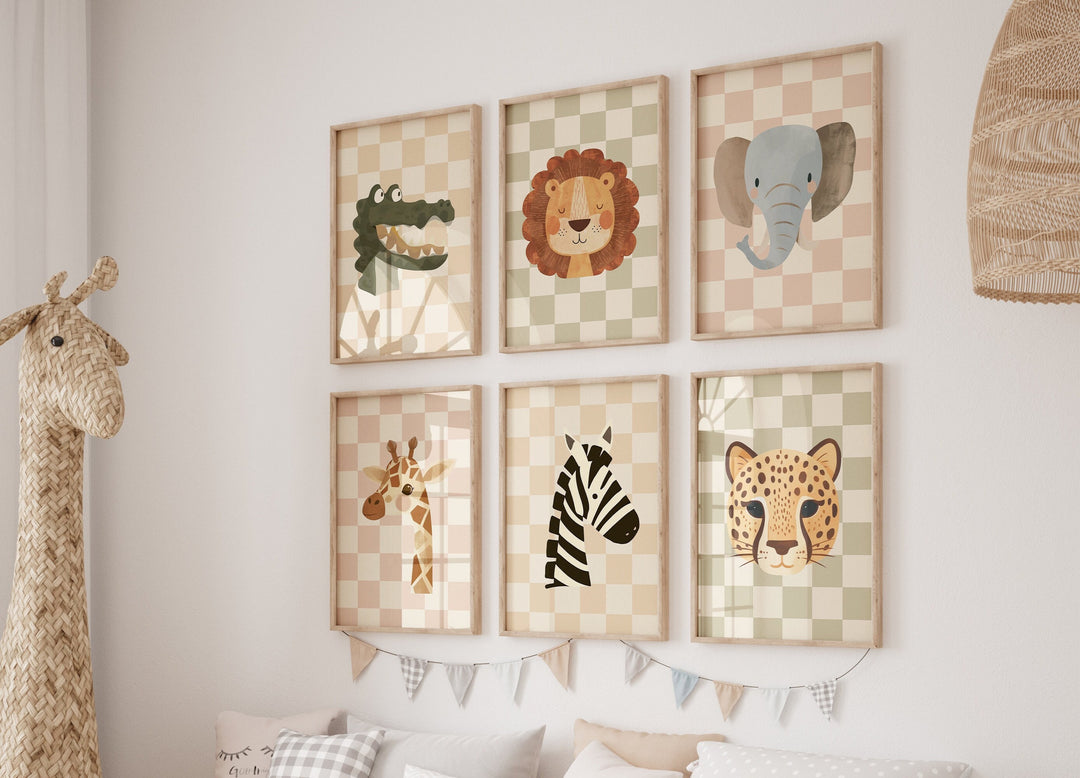 safari animal prints
nursery wall art
kids room decor
printable animal art
digital download
checkered background prints
safari nursery decor
baby room wall art
crocodile
lion
elephant
giraffe
zebra
leopard
kids room wall art
printable nursery art