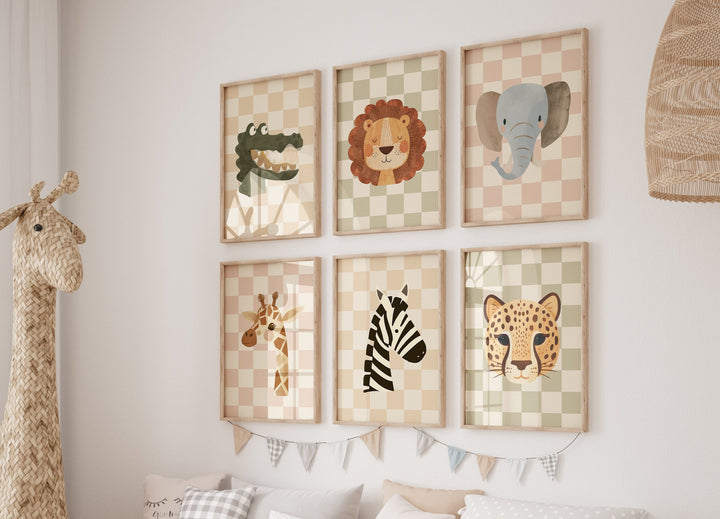 safari animal prints
nursery wall art
kids room decor
printable animal art
digital download
checkered background prints
safari nursery decor
baby room wall art
crocodile
lion
elephant
giraffe
zebra
leopard
kids room wall art
printable nursery art