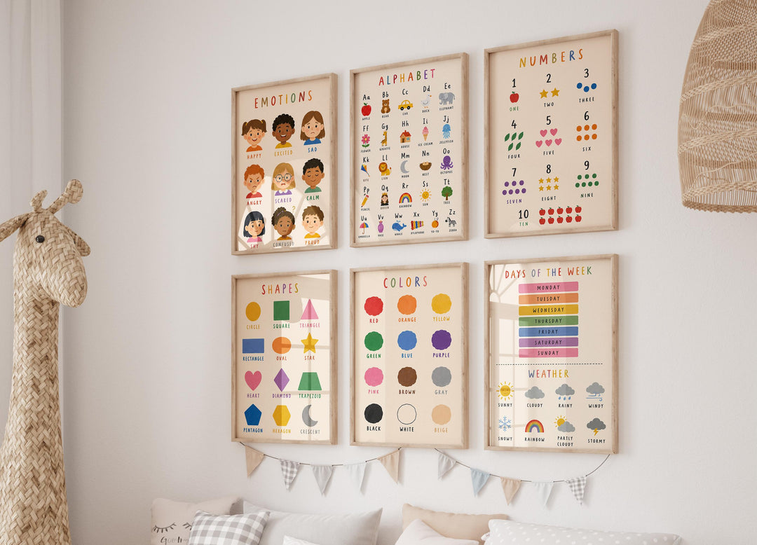 Educational Nursery Print Set of 12 | Preschool Learning Posters (Alphabet, Numbers, Colors, Shapes)