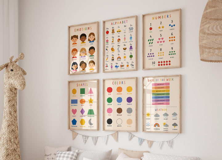 Educational Nursery Print Set of 12 | Preschool Learning Posters (Alphabet, Numbers, Colors, Shapes)