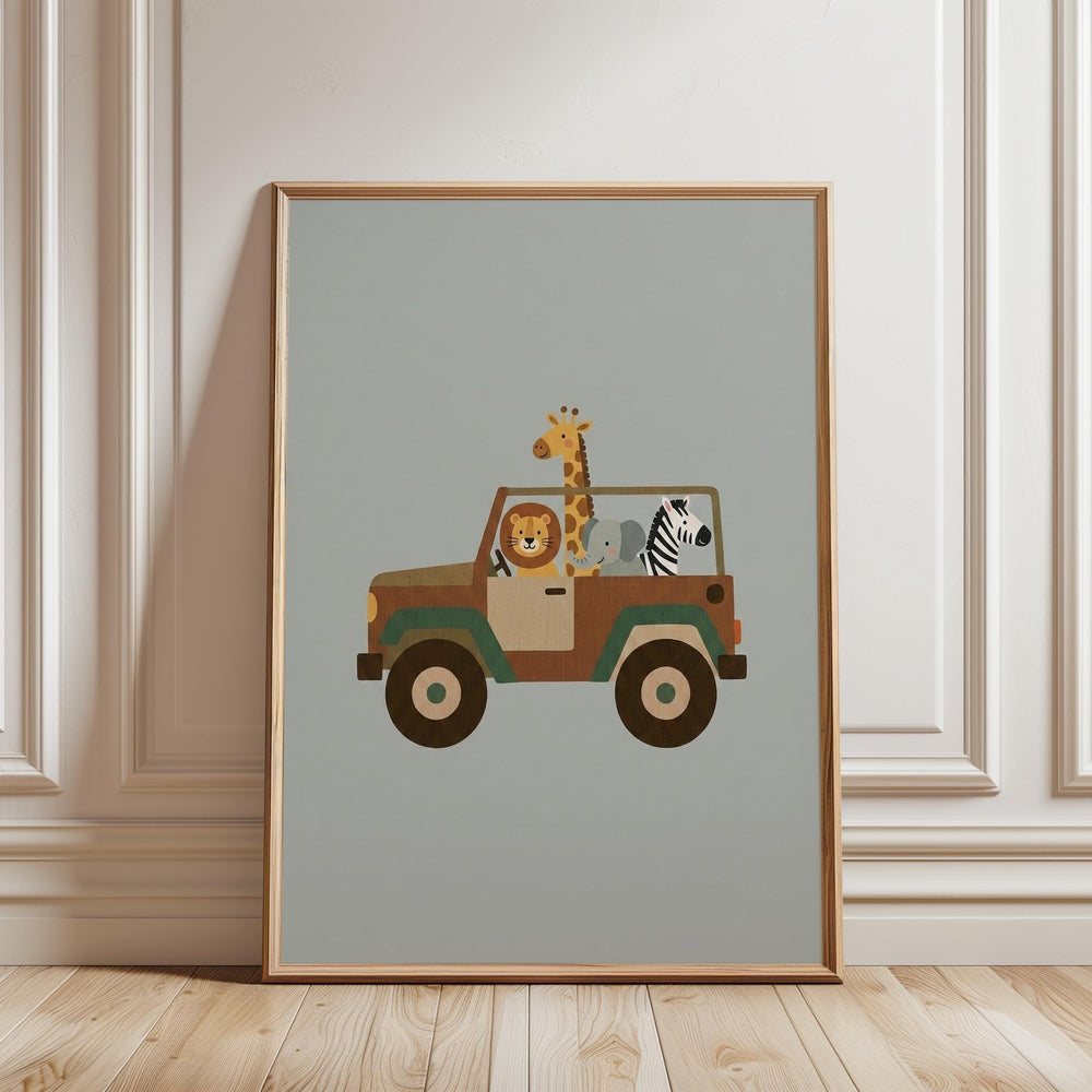 A framed illustration of a giraffe and a lion in a jeep, set against a light blue background.